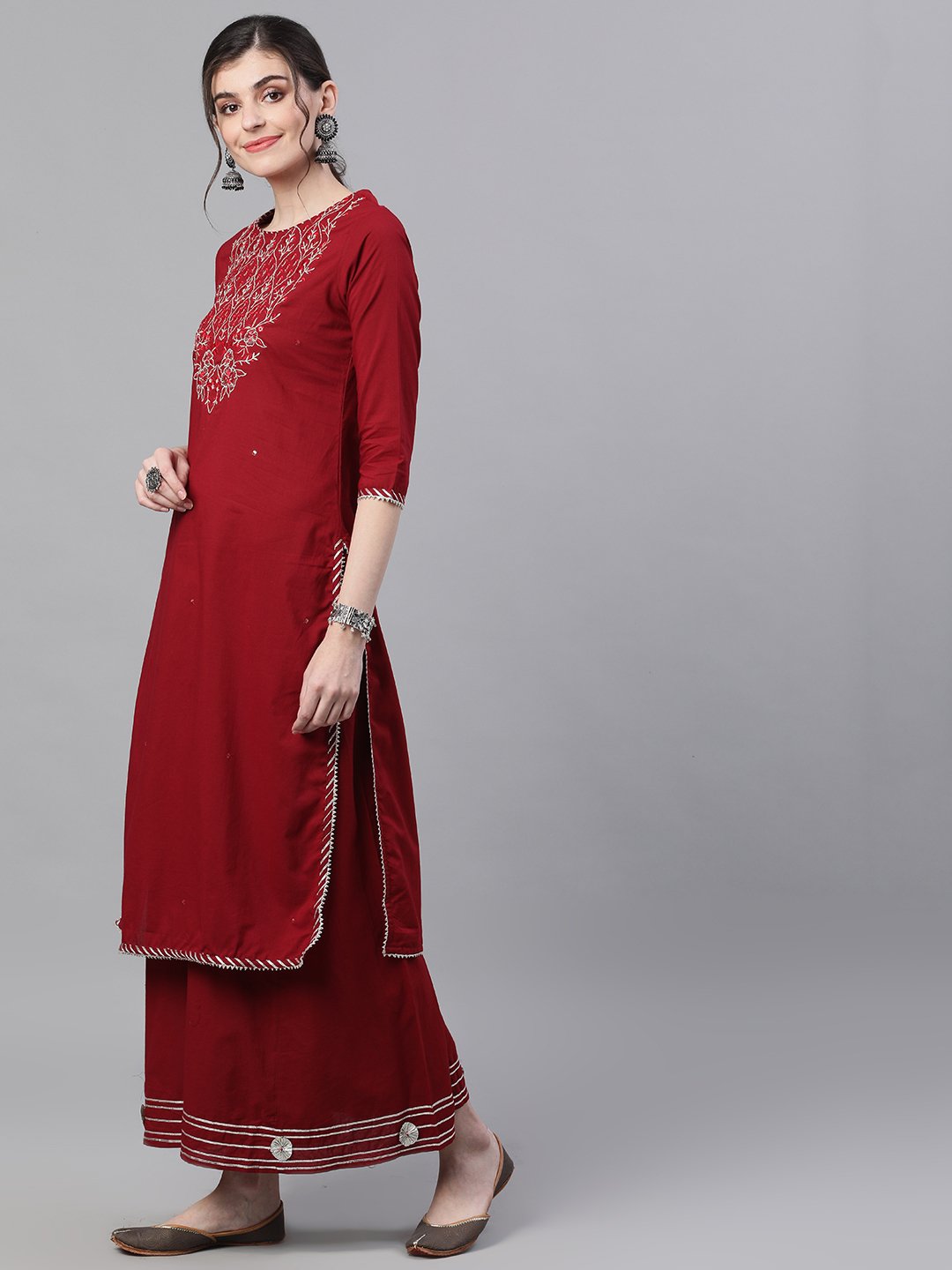 Ishin Women's Cotton Maroon Embroidered A-Line Kurta Sharara Set