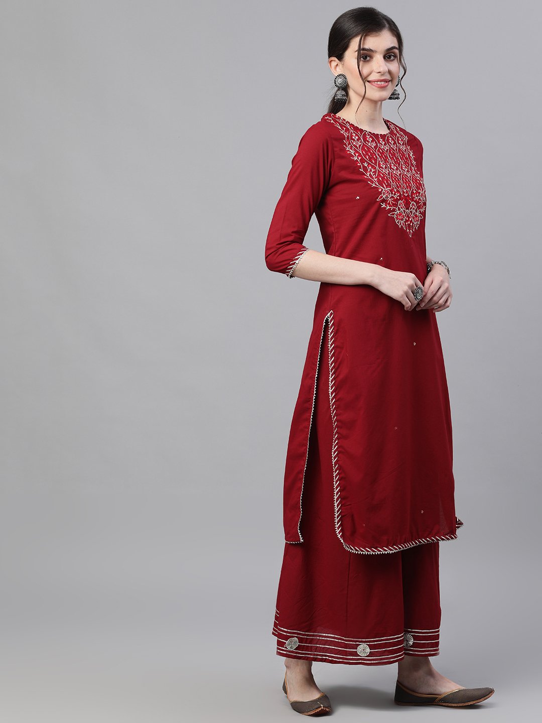 Ishin Women's Cotton Maroon Embroidered A-Line Kurta Sharara Set