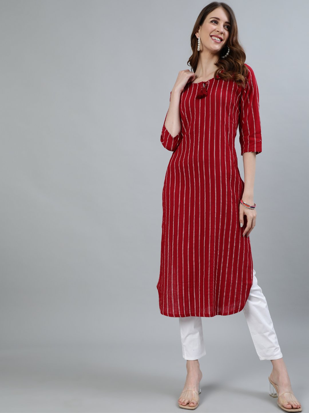 Ishin Women's Red Embroidered Pintucks A-Line Kurta