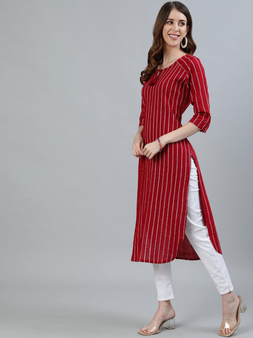 Ishin Women's Red Embroidered Pintucks A-Line Kurta