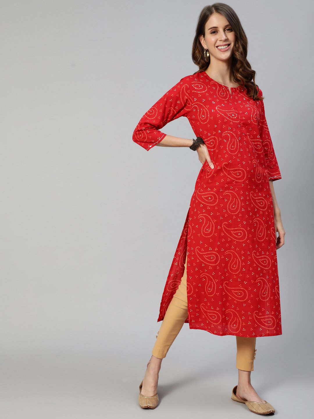 Ishin Women's Cotton Red Bandhani Printed A-Line Kurta