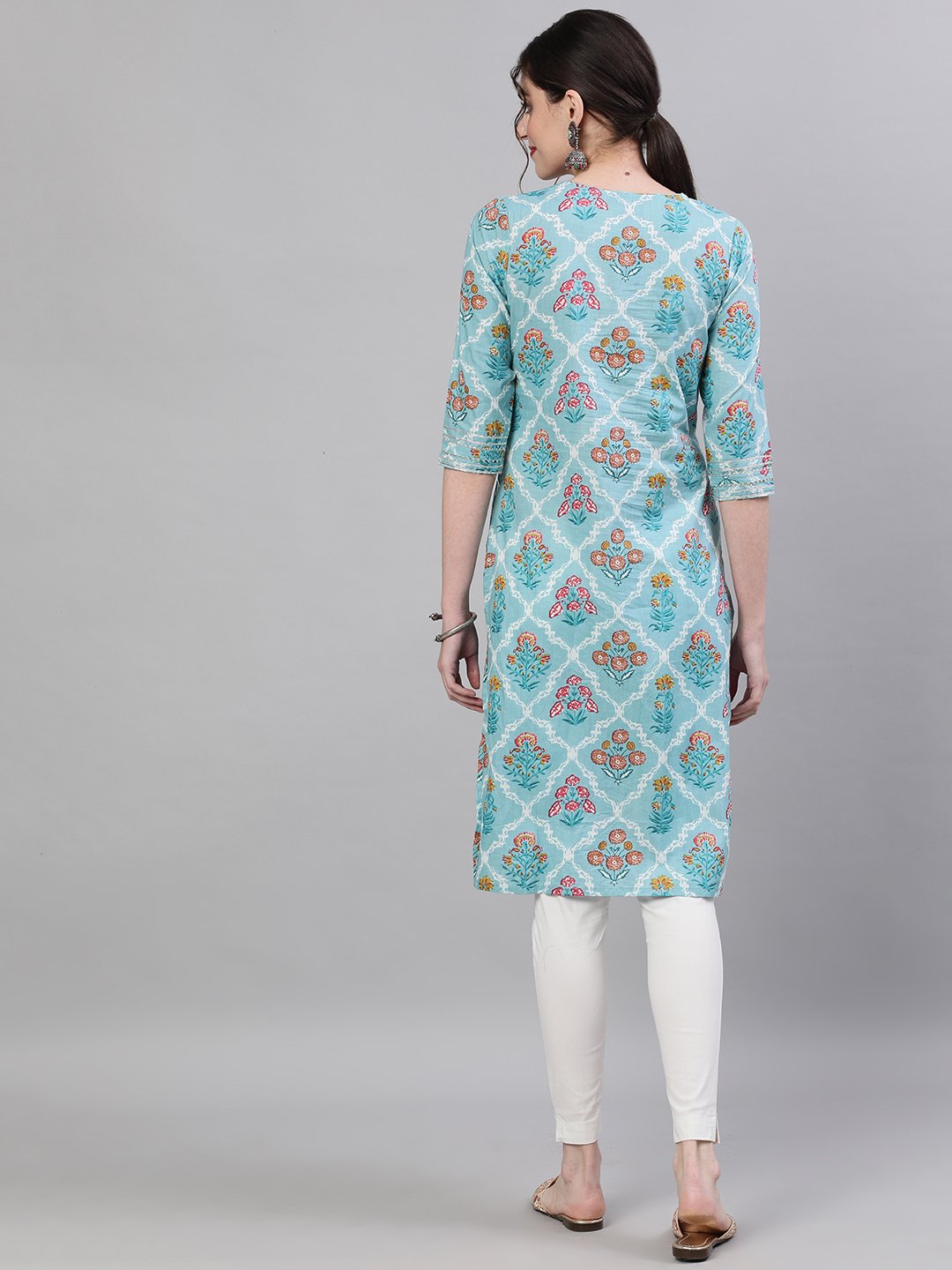 Ishin Women's Cotton Blue Printed Gota Patti A-Line Kurta