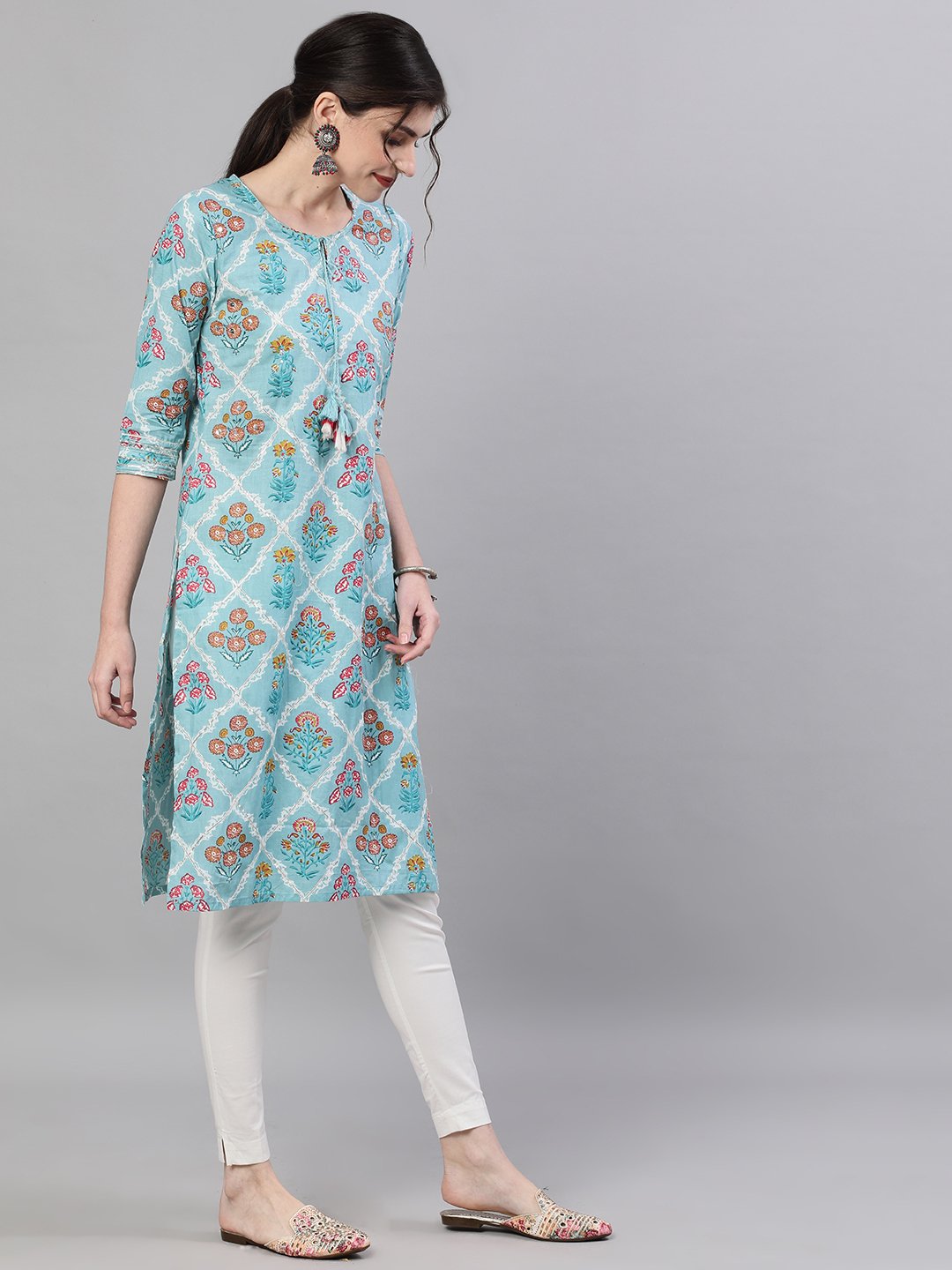 Ishin Women's Cotton Blue Printed Gota Patti A-Line Kurta