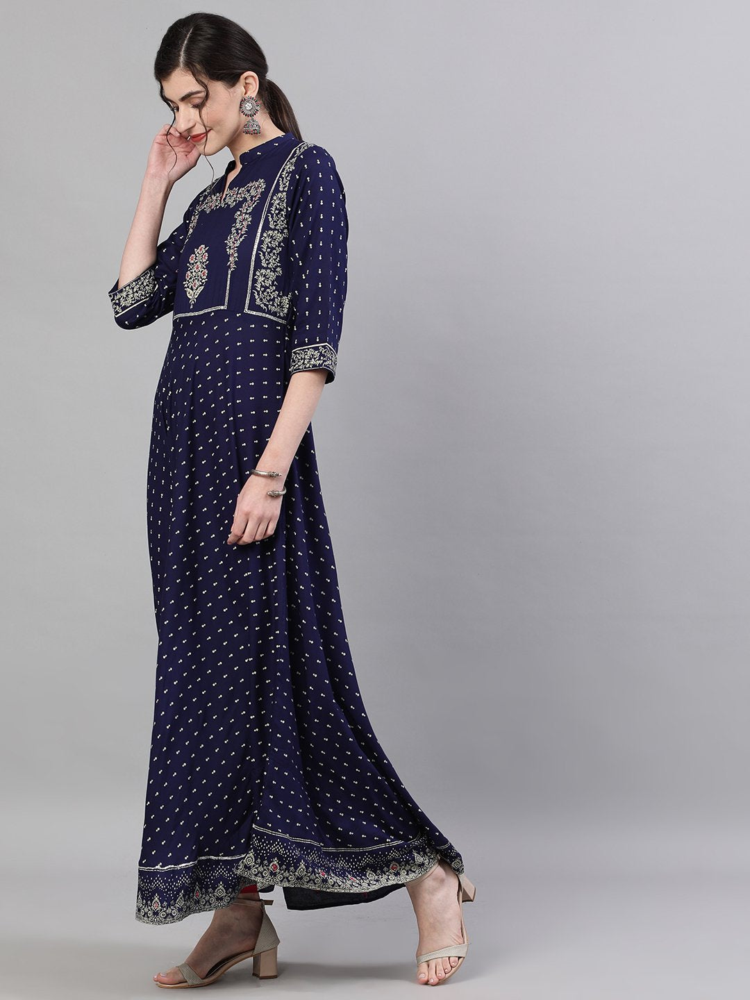 Ishin Women's Rayon Navy Blue Embellished Anarkali Kurta