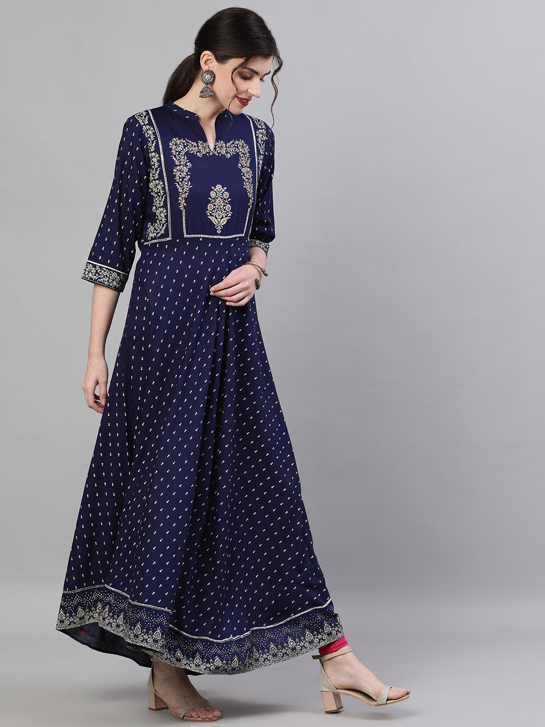 Ishin Women's Rayon Navy Blue Embellished Anarkali Kurta