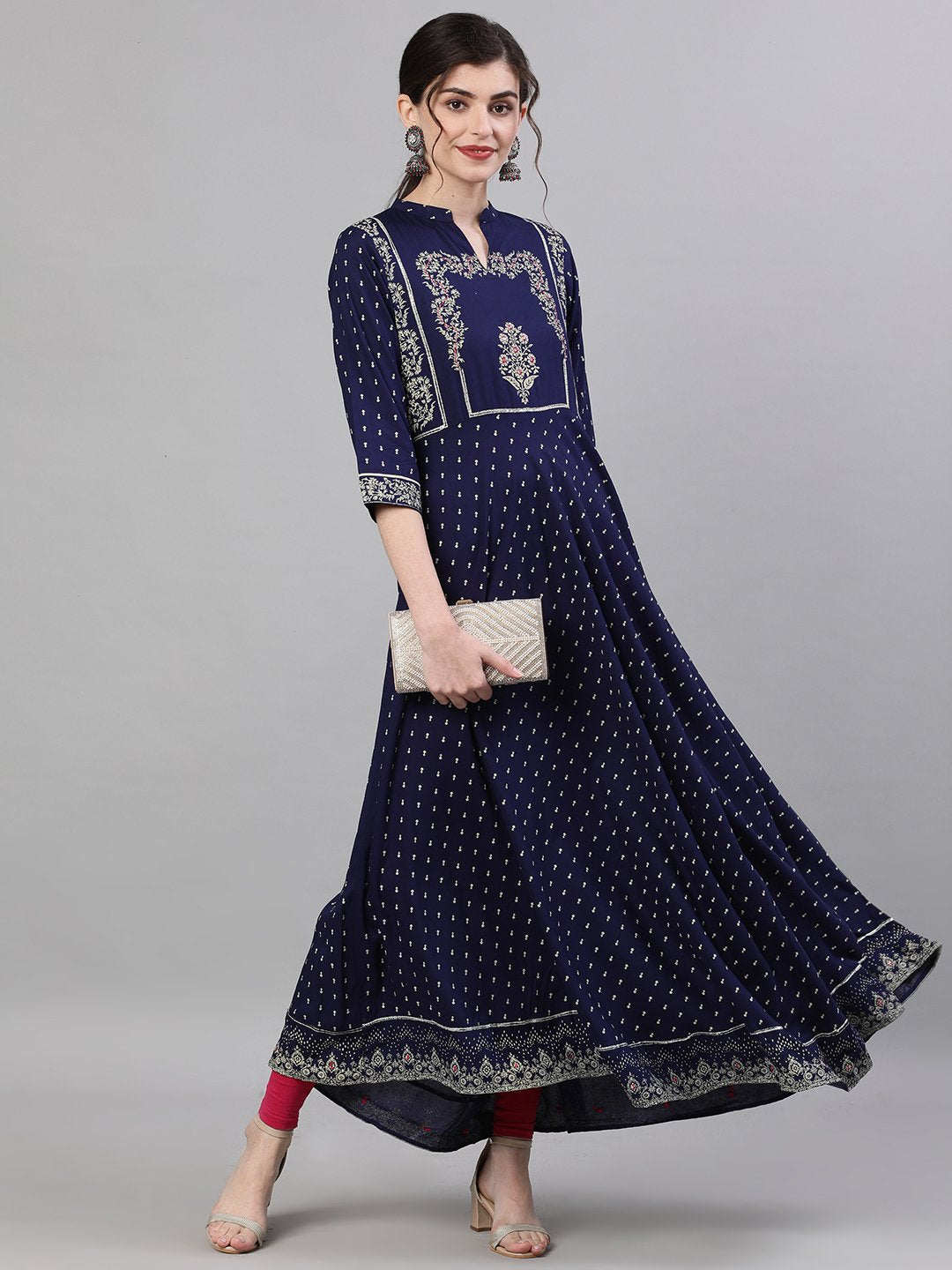 Ishin Women's Rayon Navy Blue Embellished Anarkali Kurta