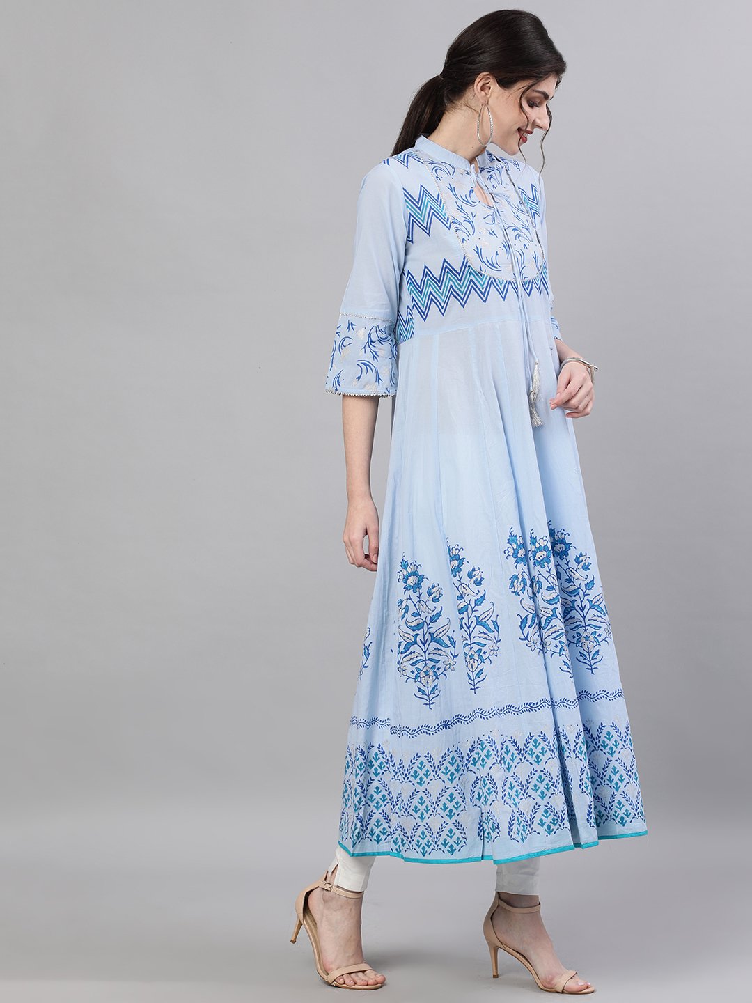 Ishin Women's Cotton Blue Foil Printed Anarkali Kurta