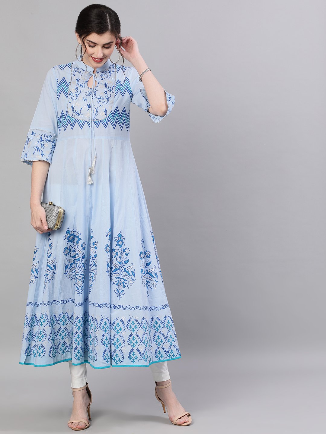 Ishin Women's Cotton Blue Foil Printed Anarkali Kurta