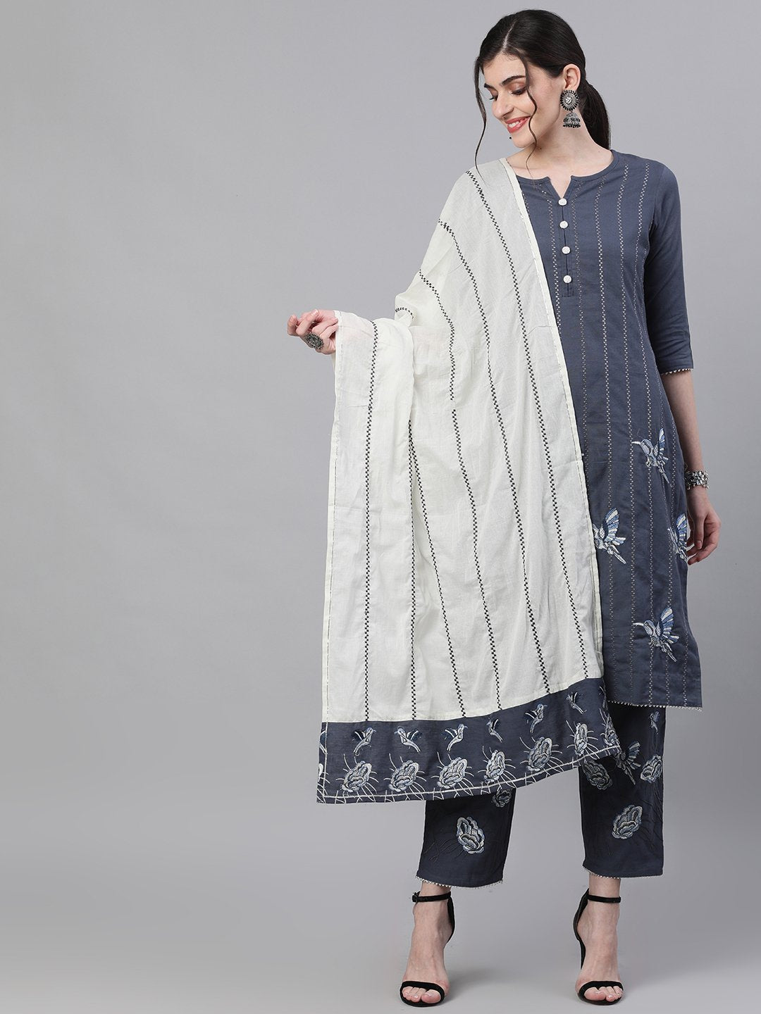 Ishin Women's Cotton Grey Embroidered A-Line Kurta Palazzo Dupatta Set