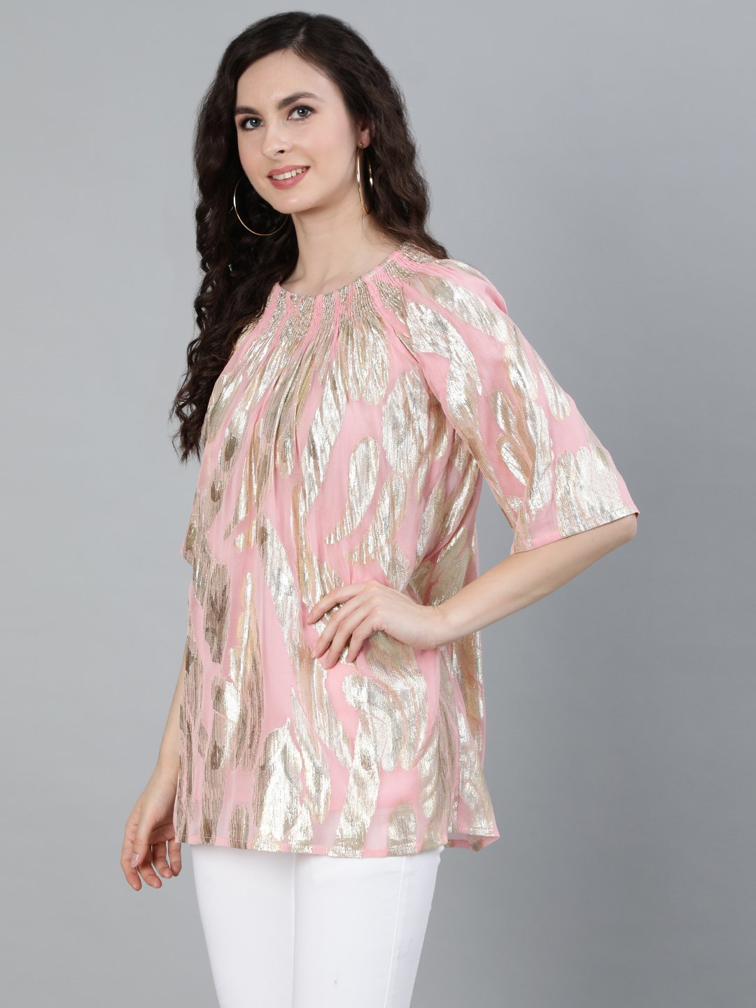 Ishin Women's Pink Shimmer Weave A-Line Top