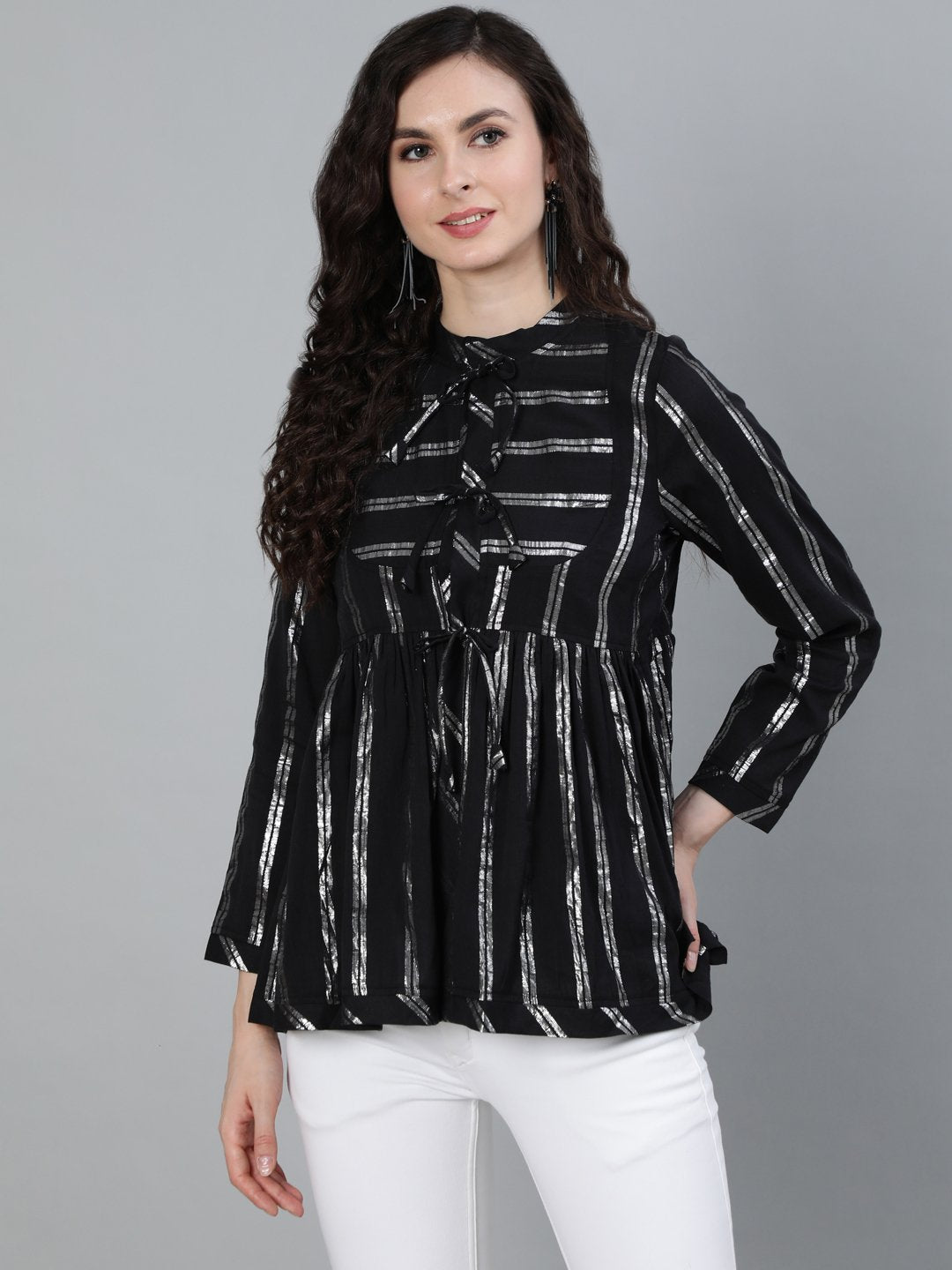 Ishin Women's Black Striped Shimmer Weave A-Line Top