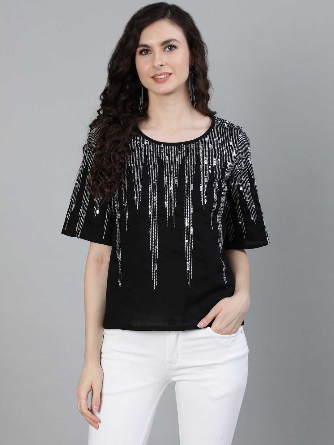 Ishin Women's Black Sequin Embroidered Top