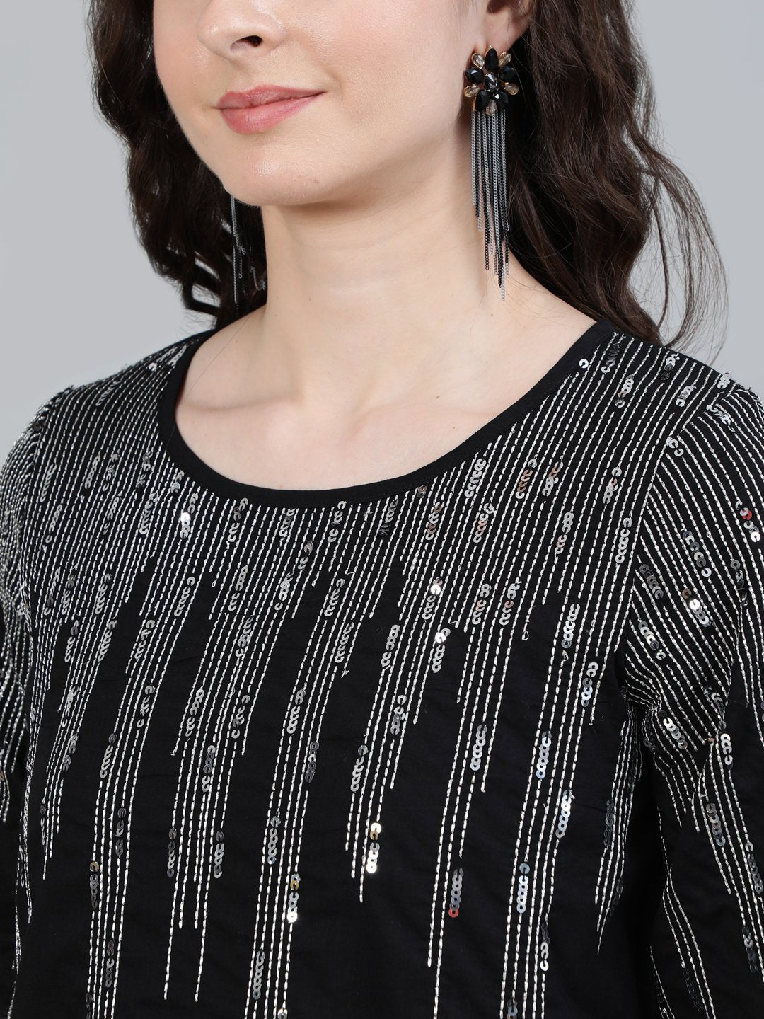 Ishin Women's Black Sequin Embroidered Top