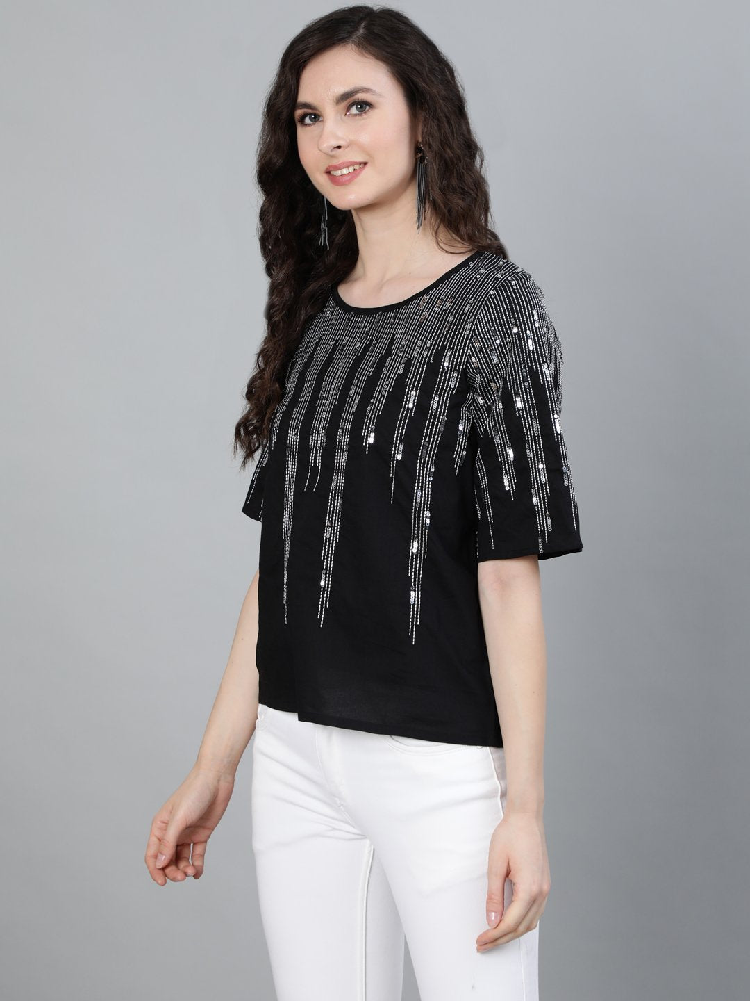 Ishin Women's Black Sequin Embroidered Top