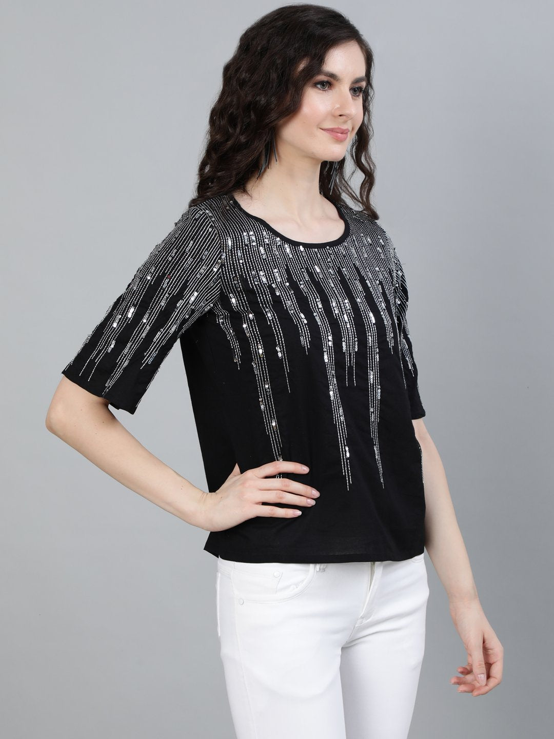 Ishin Women's Black Sequin Embroidered Top