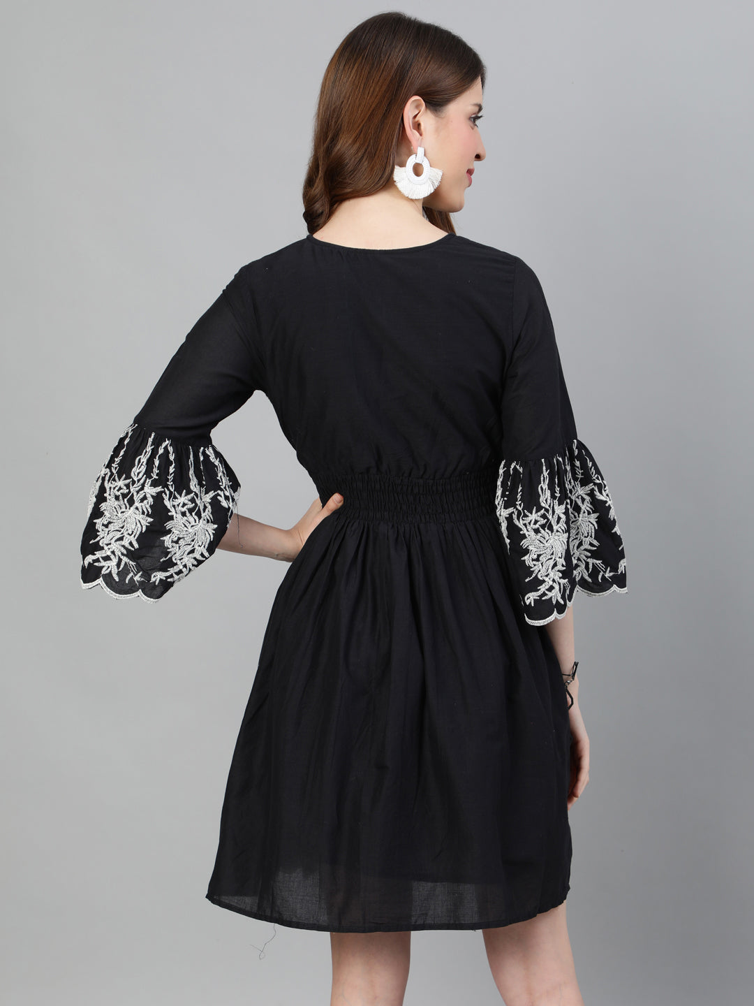 Ishin Women's Cotton Black Embroidered A-Line Dress