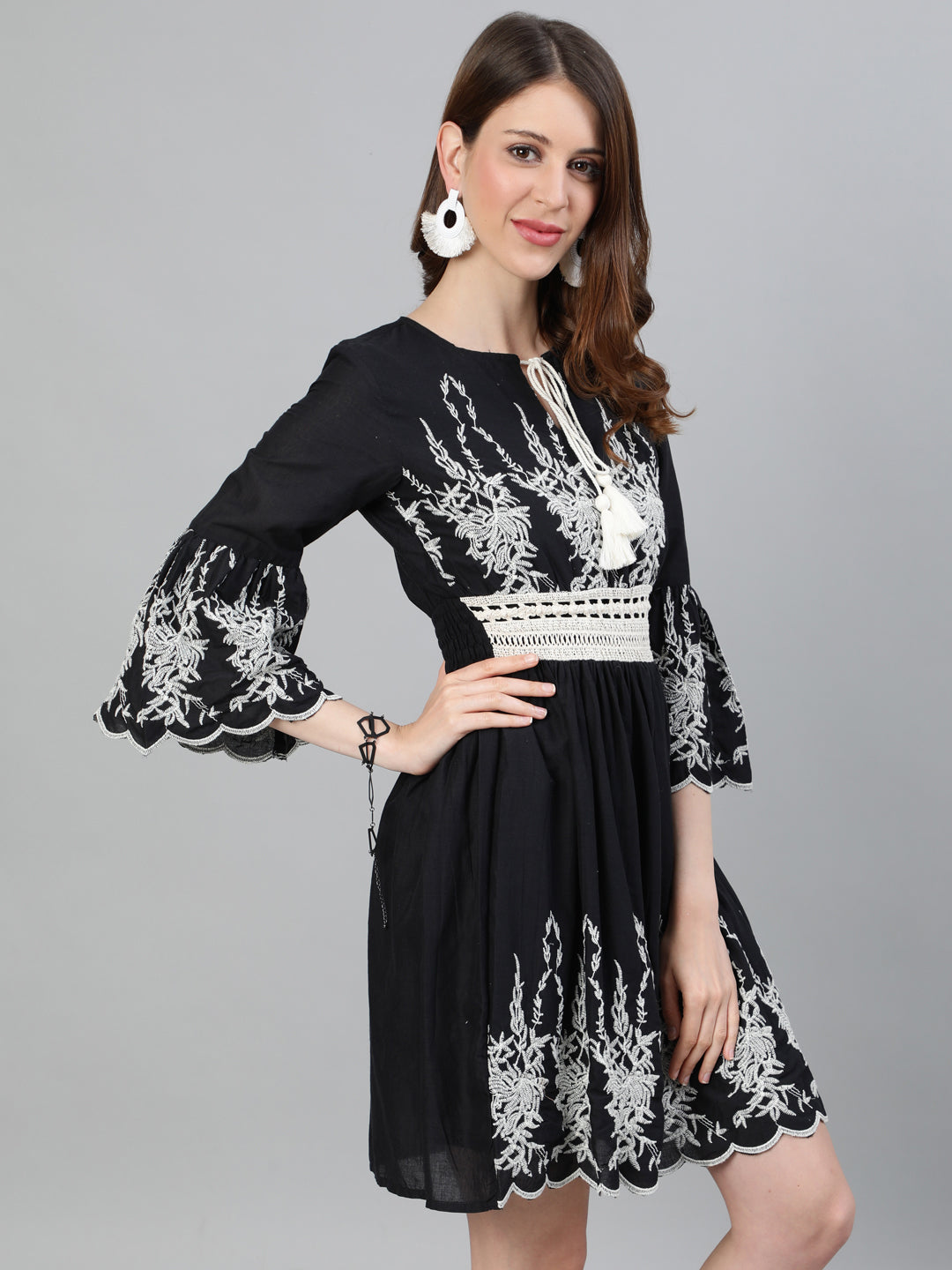 Ishin Women's Cotton Black Embroidered A-Line Dress