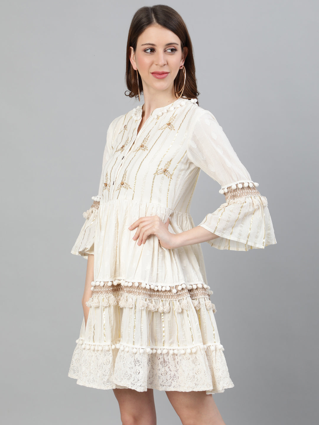 Ishin Women's Cotton Off White Lurex Embroidered A-Line Dress