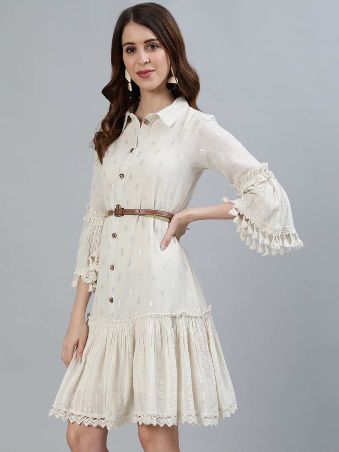 Ishin Women's Cotton Off White Embellished A-Line Dress