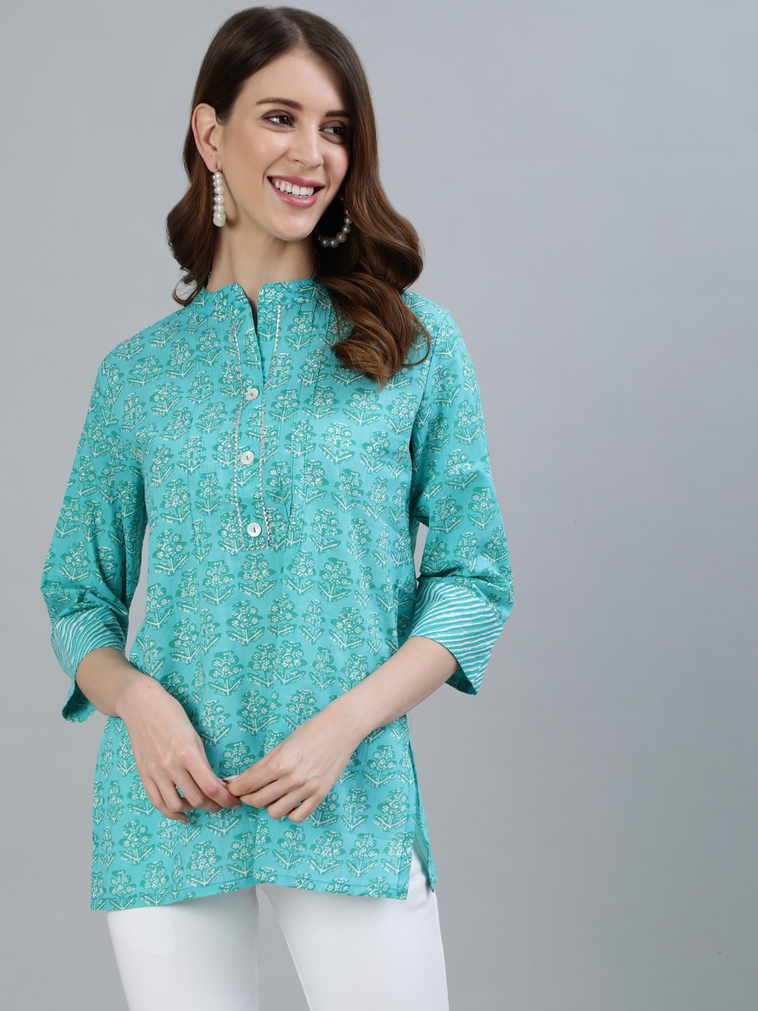 Ishin Women's Sea Green Printed Embellished A-Line Top