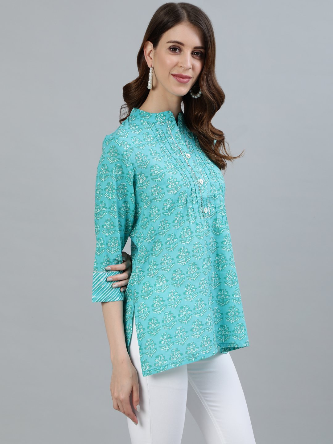 Ishin Women's Sea Green Printed Embellished A-Line Top