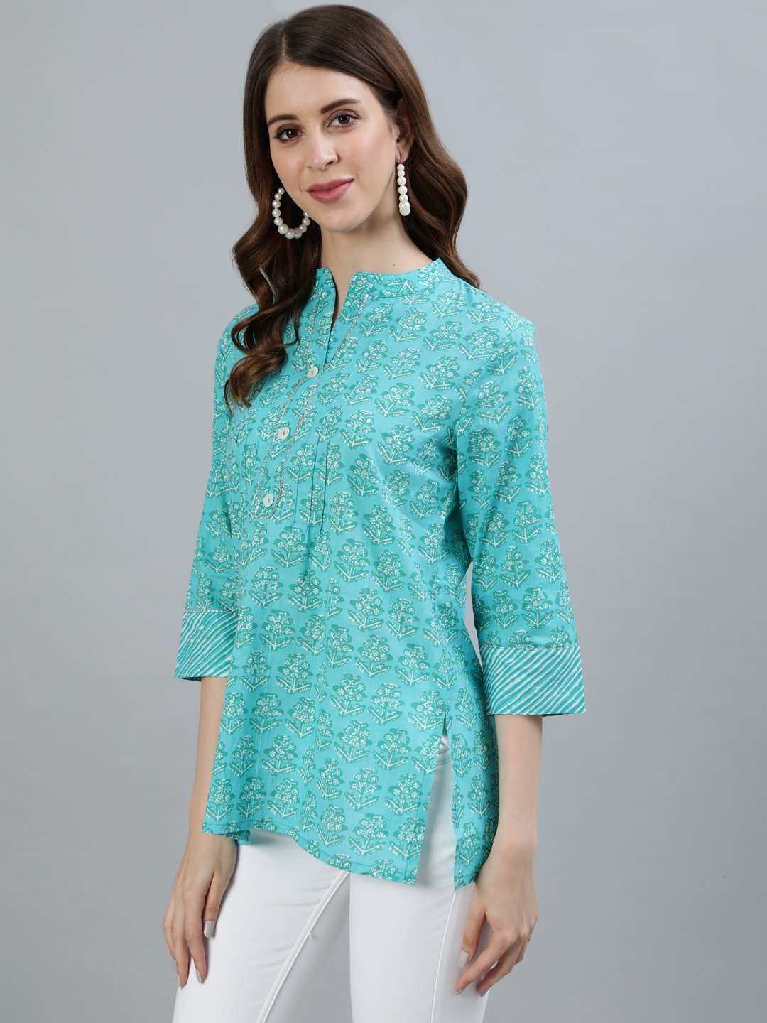 Ishin Women's Sea Green Printed Embellished A-Line Top