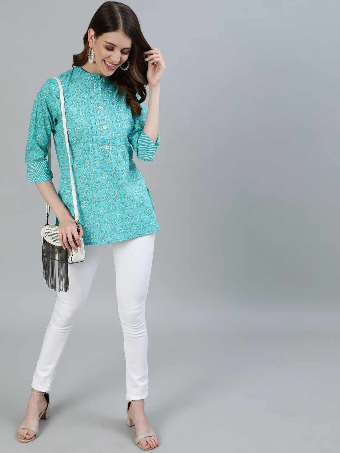 Ishin Women's Sea Green Printed Embellished A-Line Top