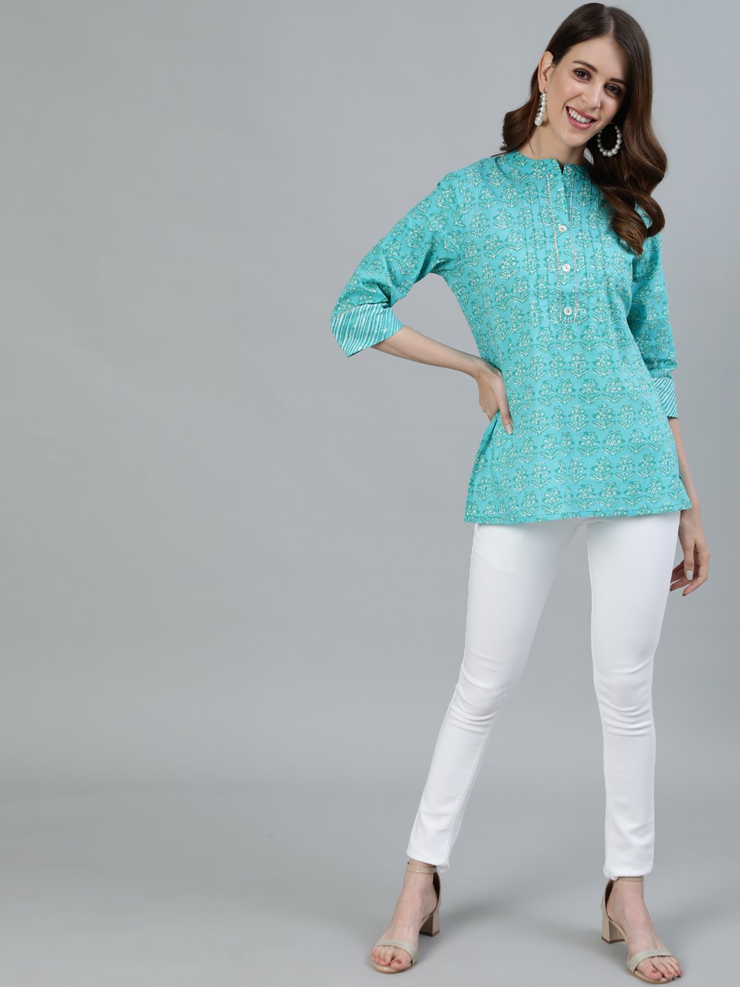 Ishin Women's Sea Green Printed Embellished A-Line Top