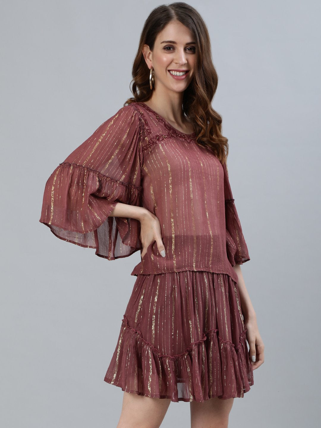 Ishin Women's Georgette Purple Embroidered Two Piece Dress