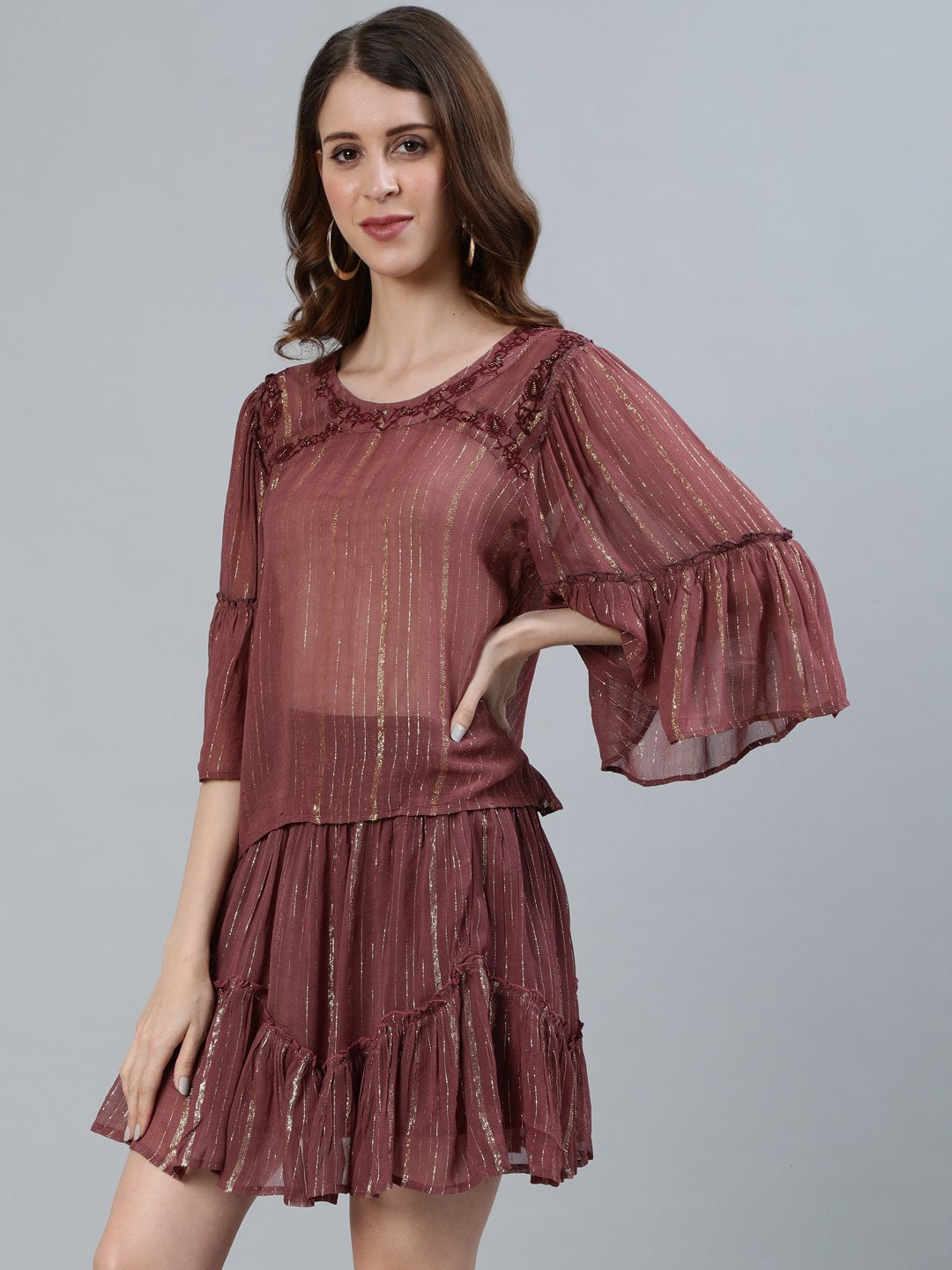 Ishin Women's Georgette Purple Embroidered Two Piece Dress