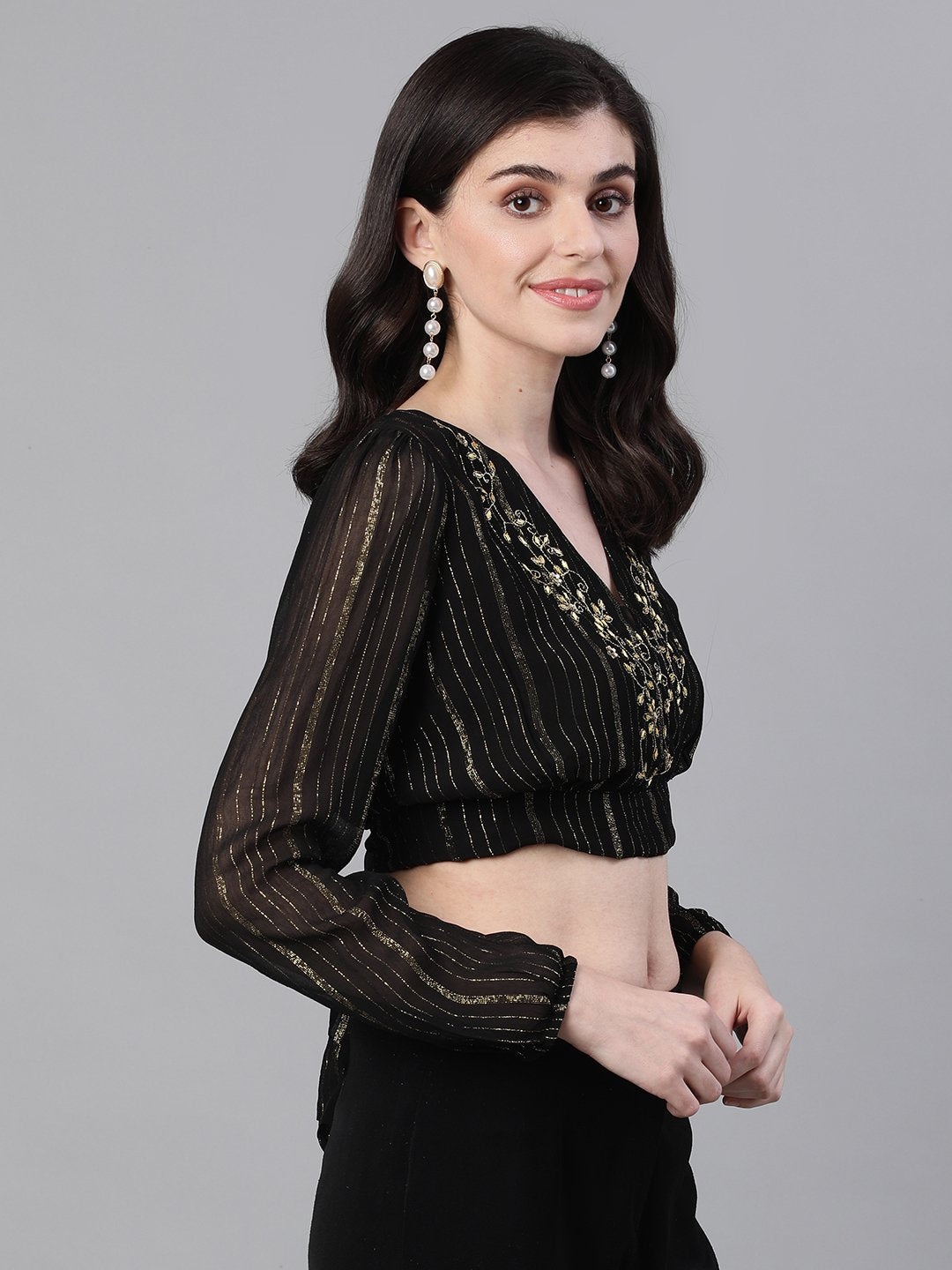 Ishin Women's Polyester Black Lurex Embellished Jewel Neck Crop Top