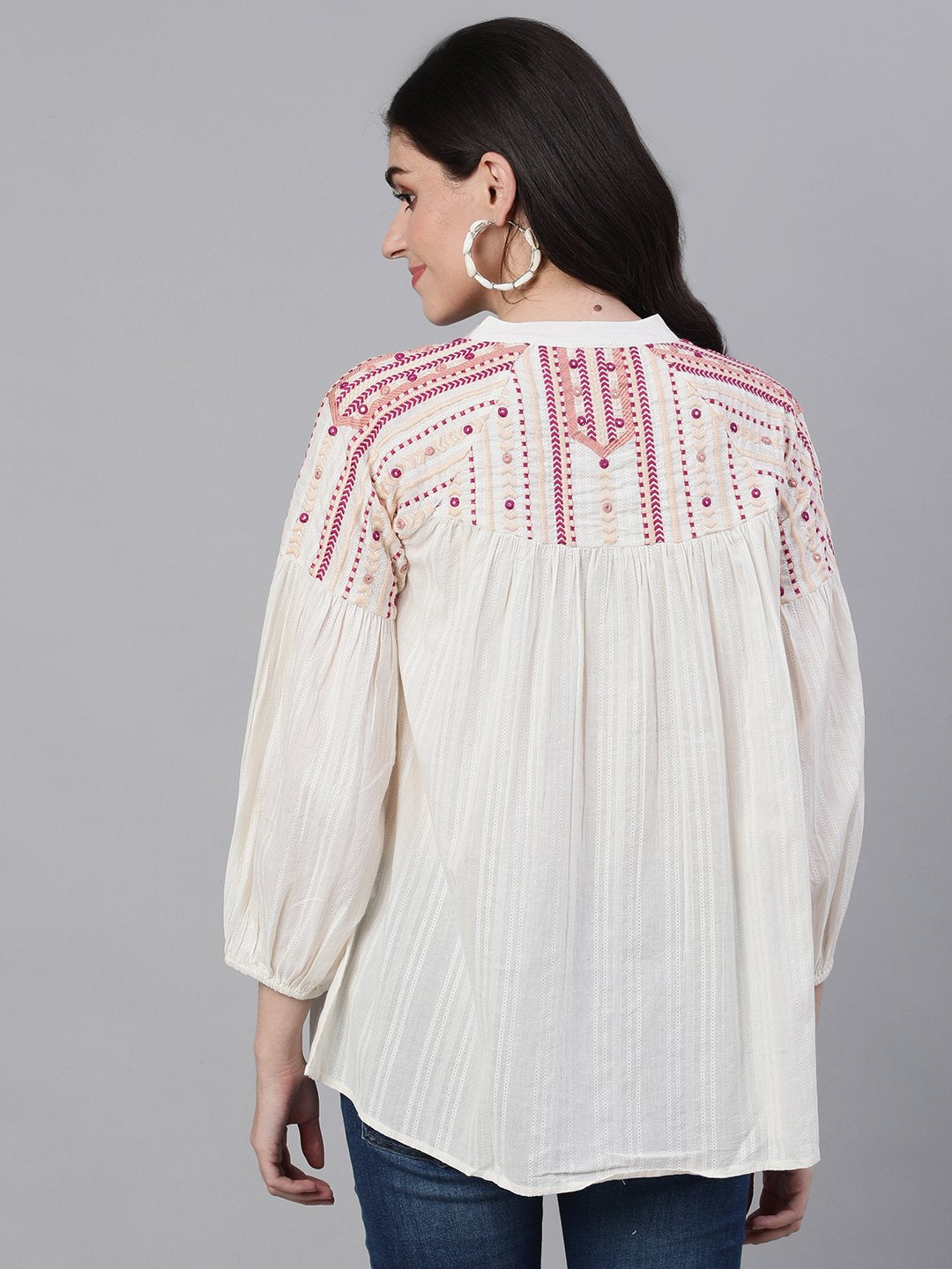 Ishin Women's Cotton White Embroidered Top