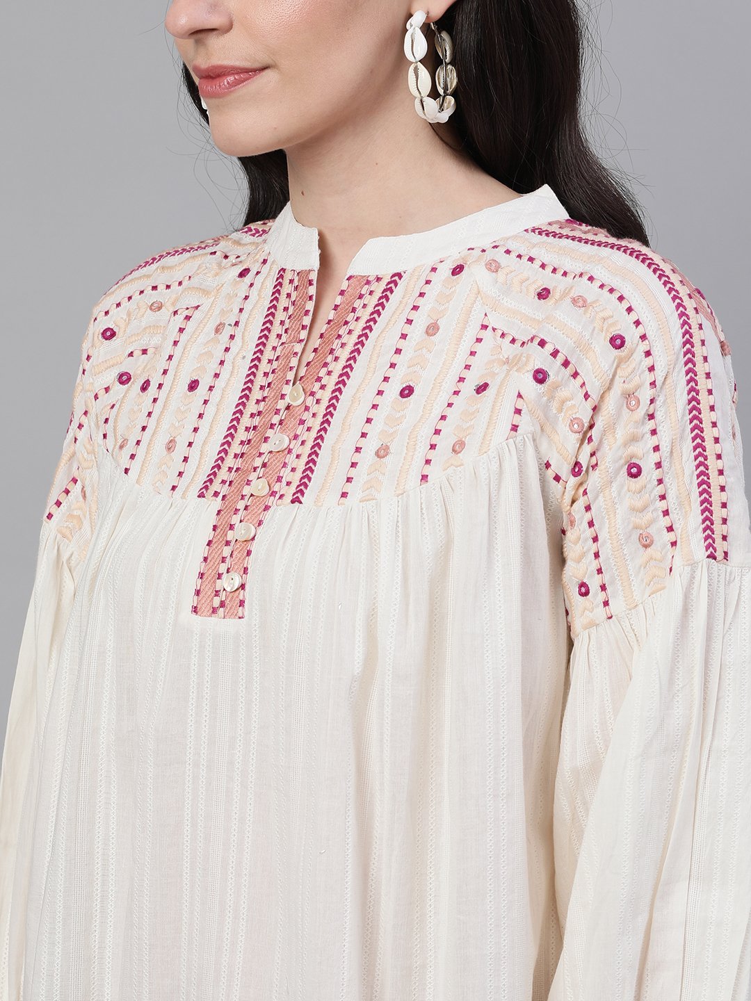 Ishin Women's Cotton White Embroidered Top