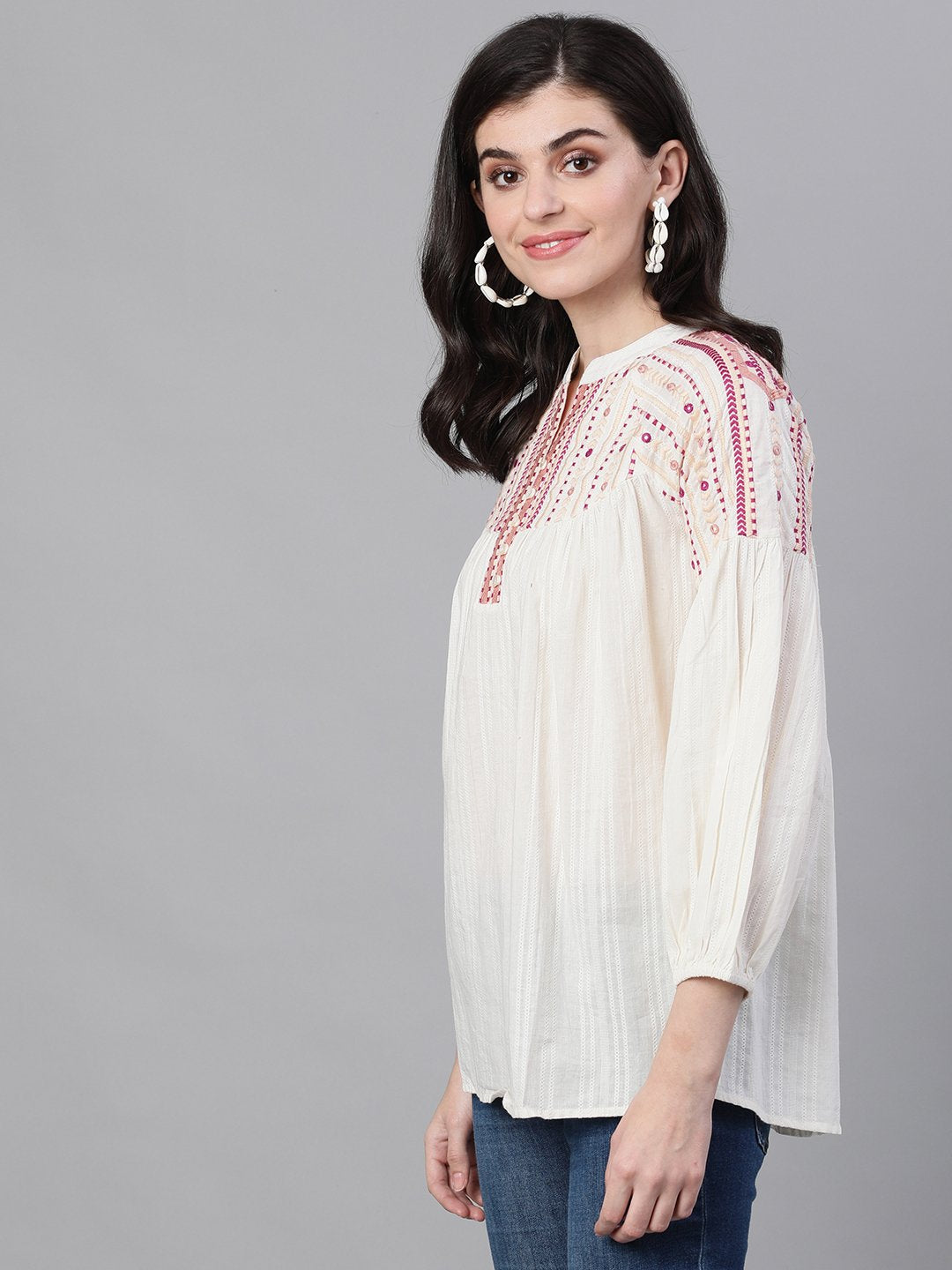 Ishin Women's Cotton White Embroidered Top