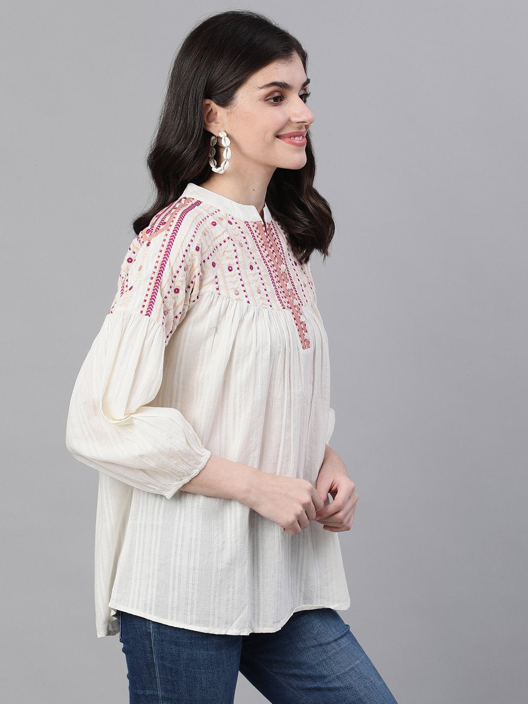 Ishin Women's Cotton White Embroidered Top