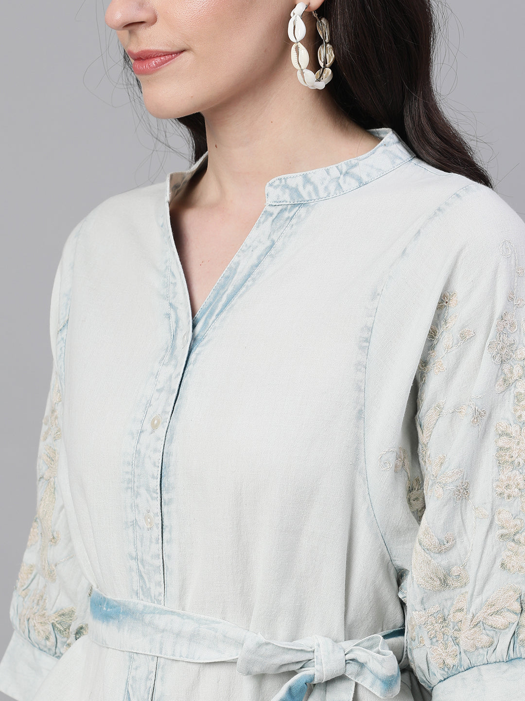 Ishin Women's Denim Light Blue Embroidered Top