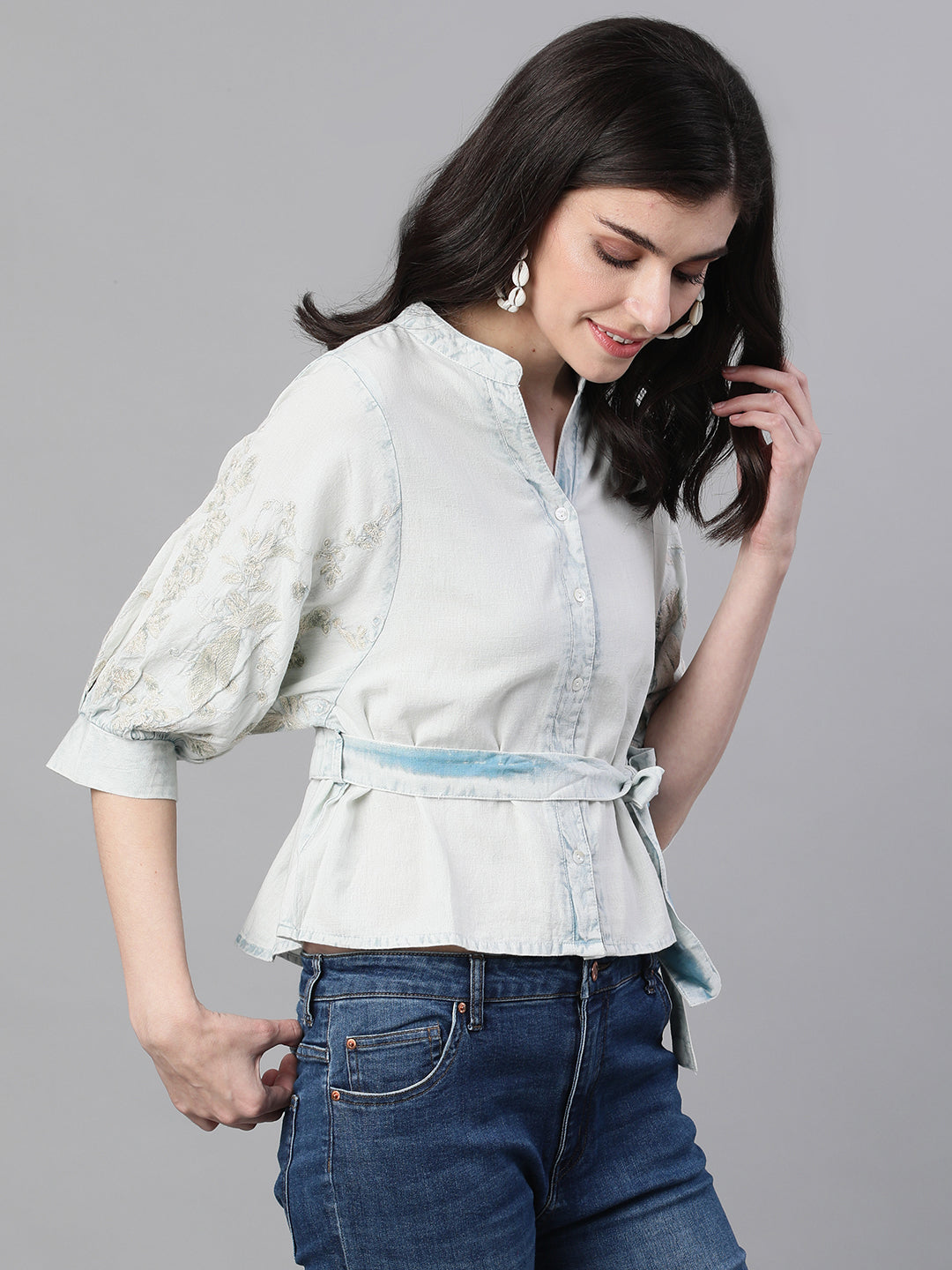 Ishin Women's Denim Light Blue Embroidered Top