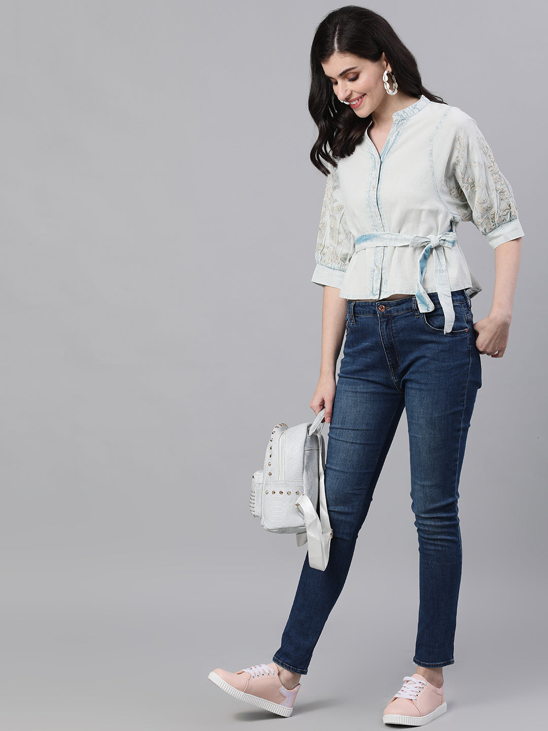 Ishin Women's Denim Light Blue Embroidered Top