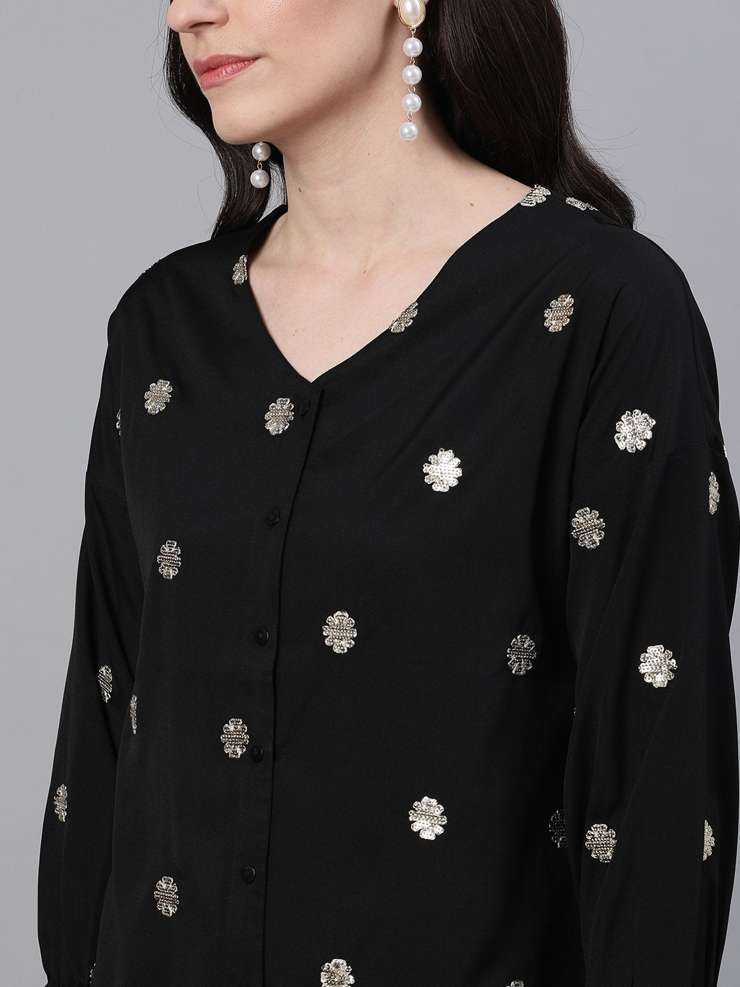 Ishin Women's Poly Crepe Black Embellished Shirt Style Top 