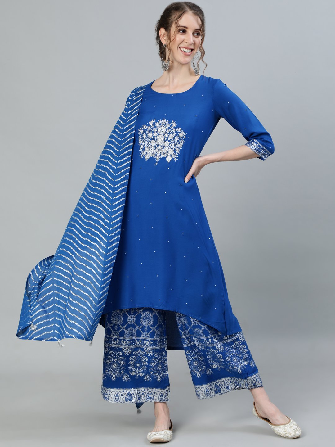 Ishin Women's Rayon Blue Embroidered Kurta Palazzo Dupatta Set