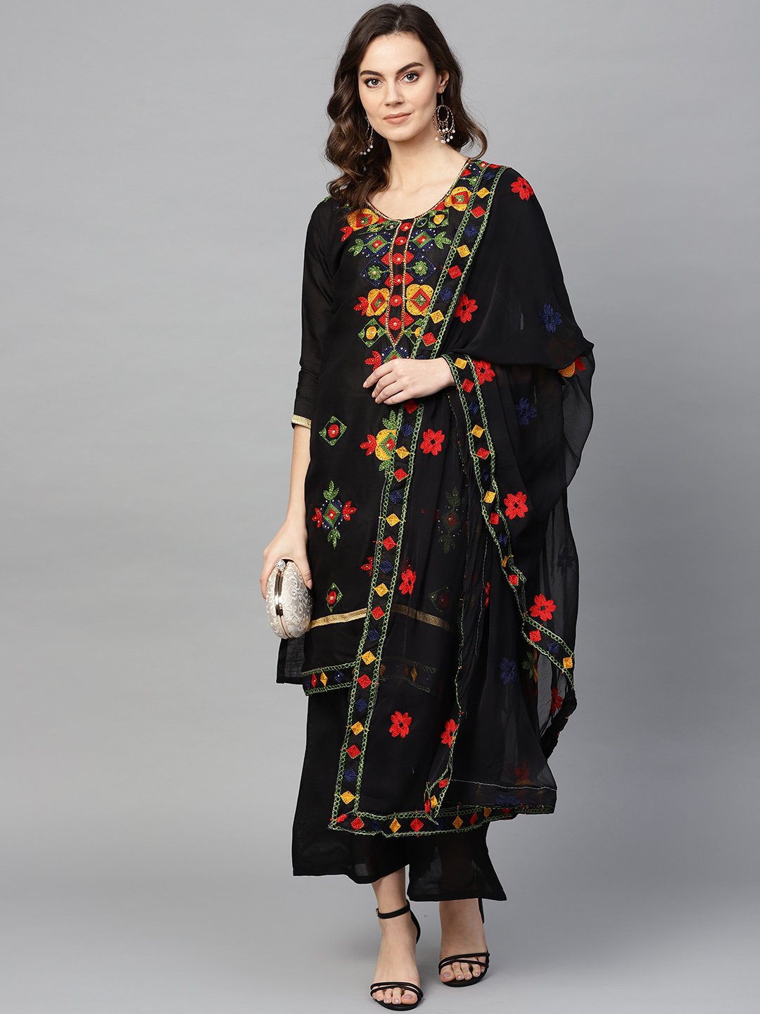 Ishin Women's Poly Cotton Black Embroidered A-Line Kurta Palazzo Dupatta Set