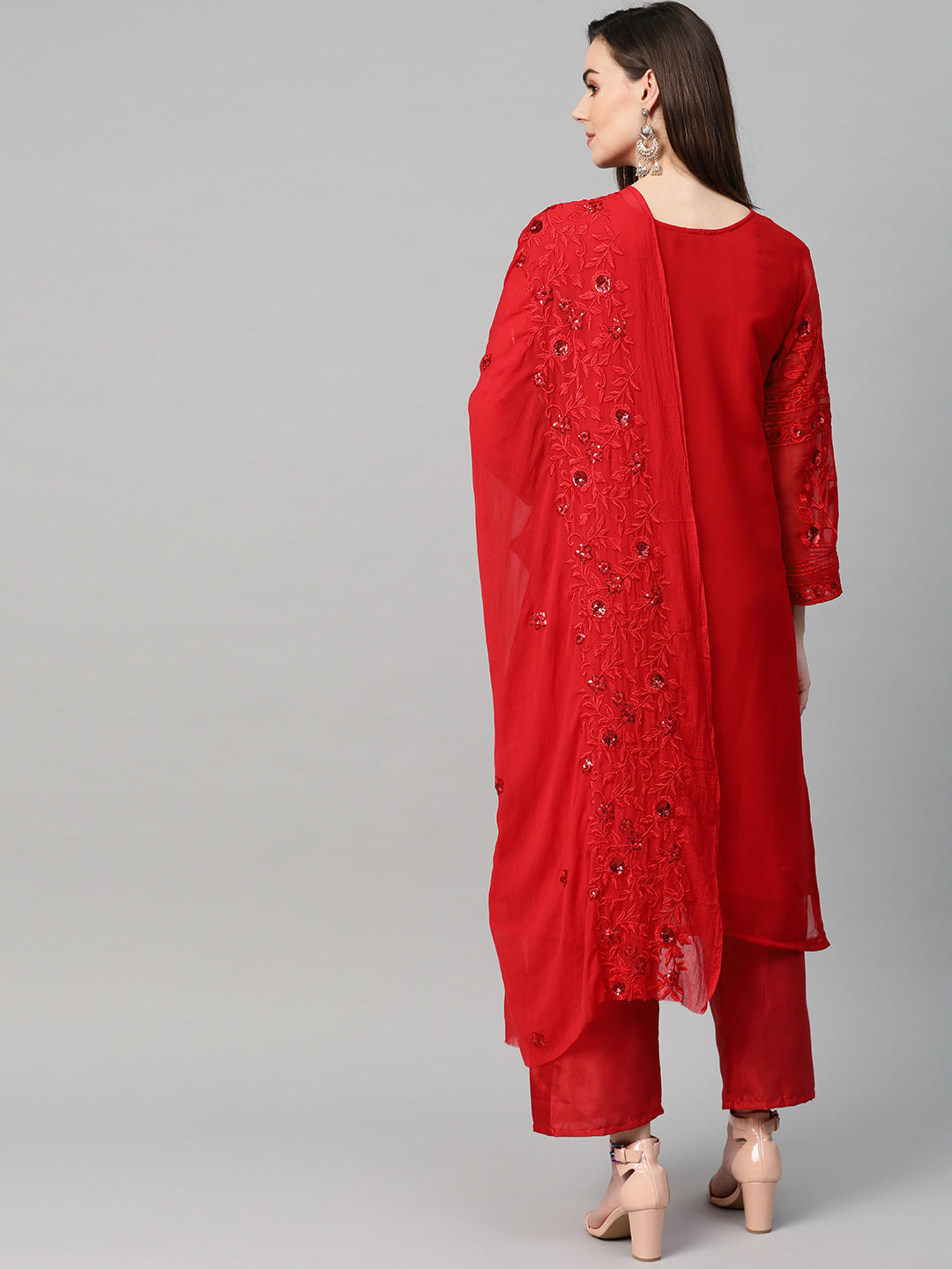 Ishin Women's Net Red Embroidered A-Line Kurta Palazzo Dupatta Set