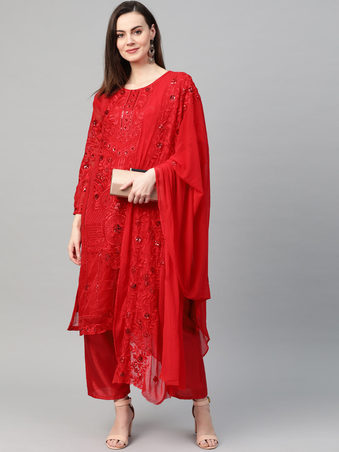 Ishin Women's Net Red Embroidered A-Line Kurta Palazzo Dupatta Set