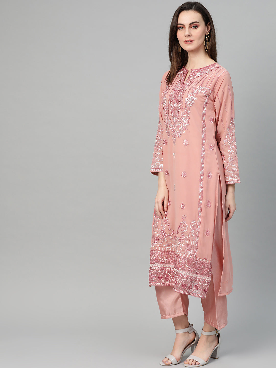 Peach Embroidered A-Line Kurta Palazzo Dupatta Set