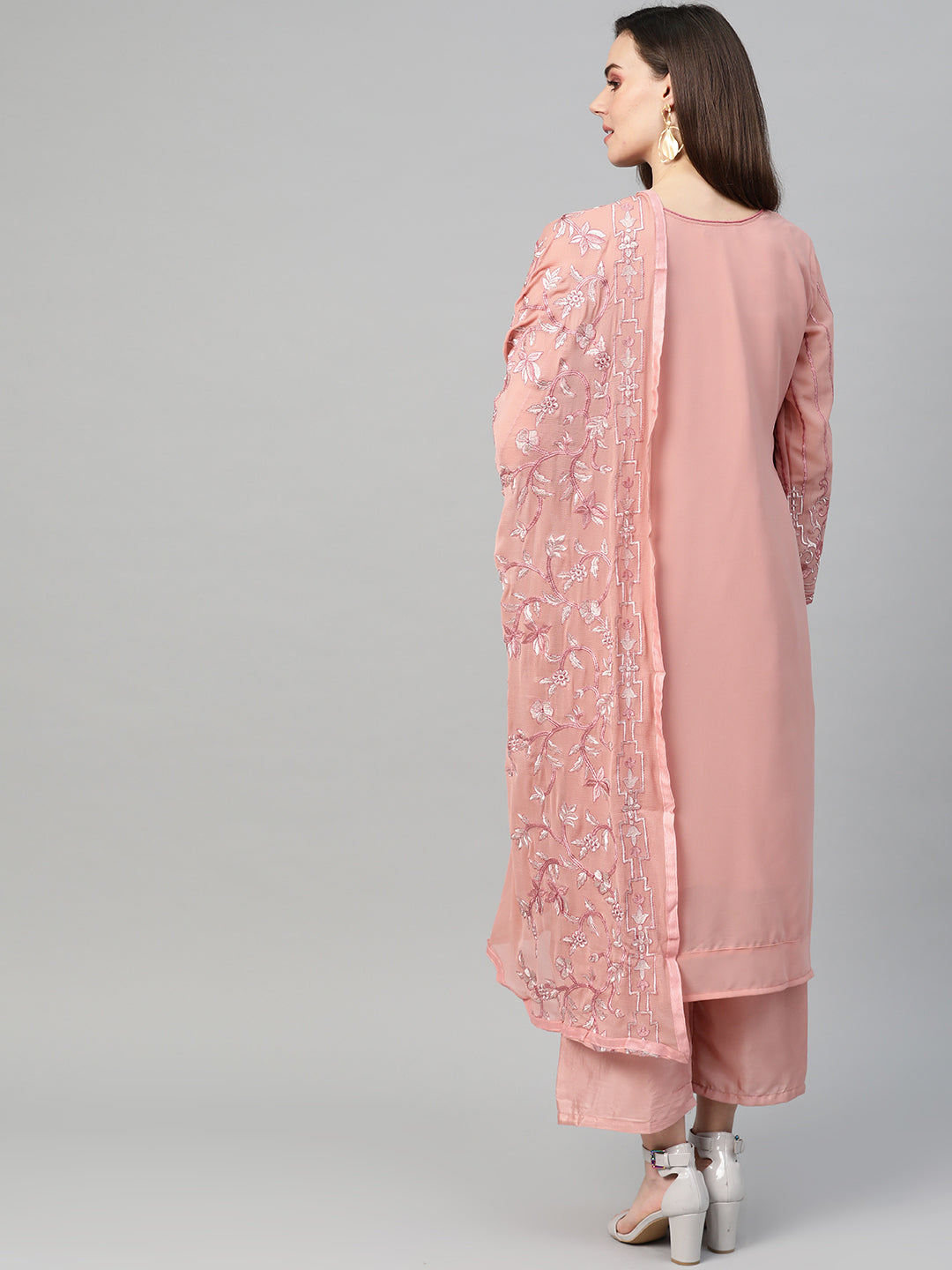 Peach Embroidered A-Line Kurta Palazzo Dupatta Set