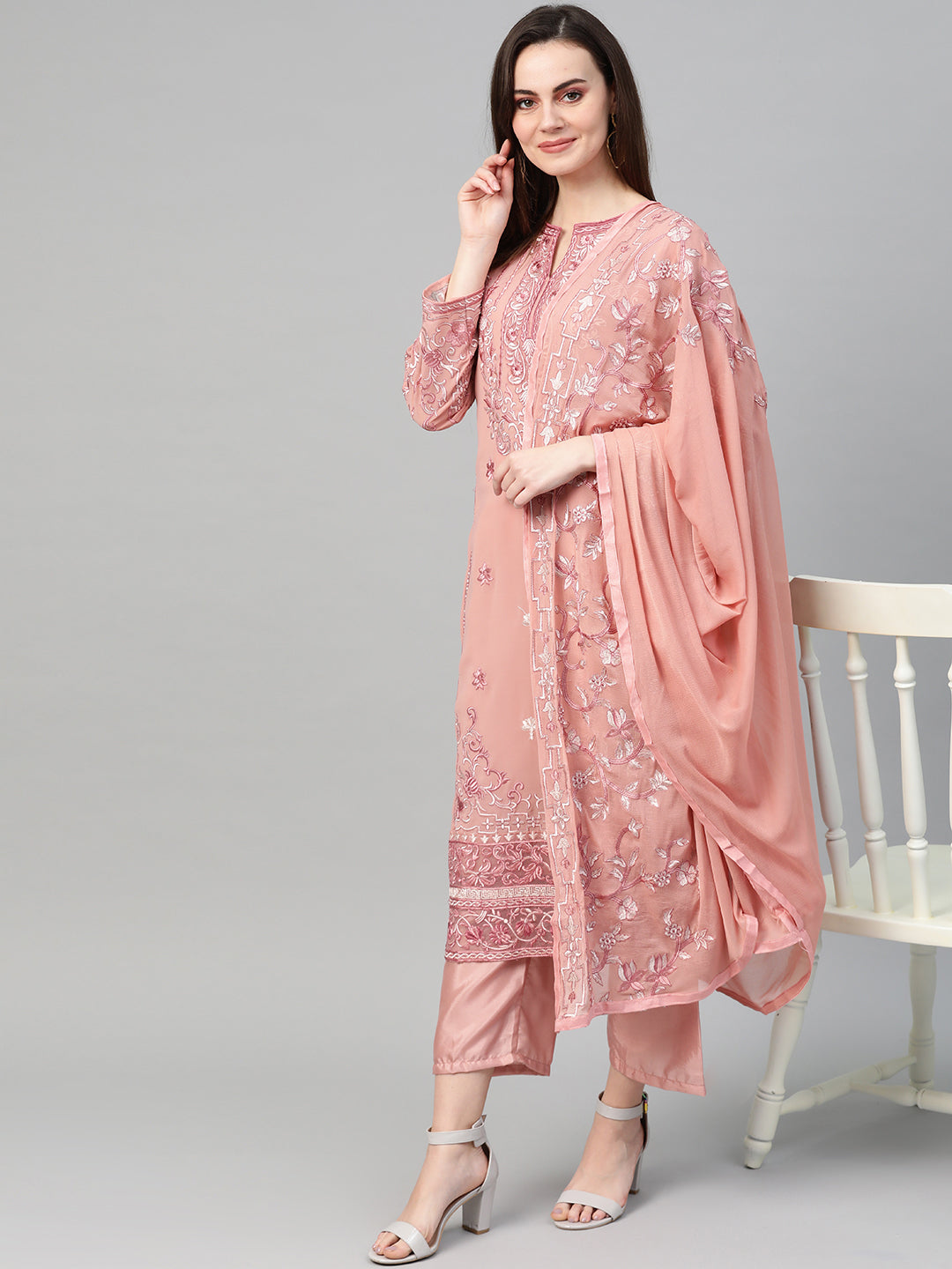 Peach Embroidered A-Line Kurta Palazzo Dupatta Set