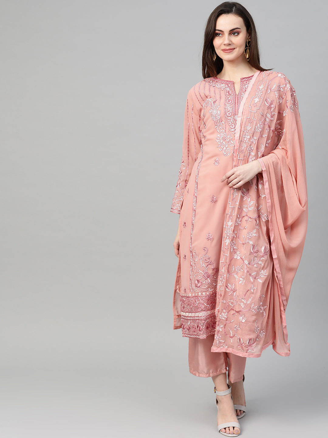 Peach Embroidered A-Line Kurta Palazzo Dupatta Set