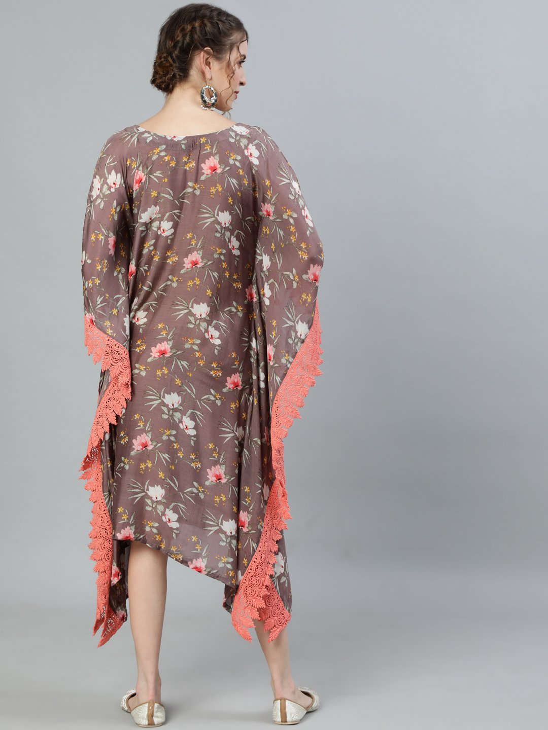 Ishin Women's Silk Brown Embellished Kaftan Dress