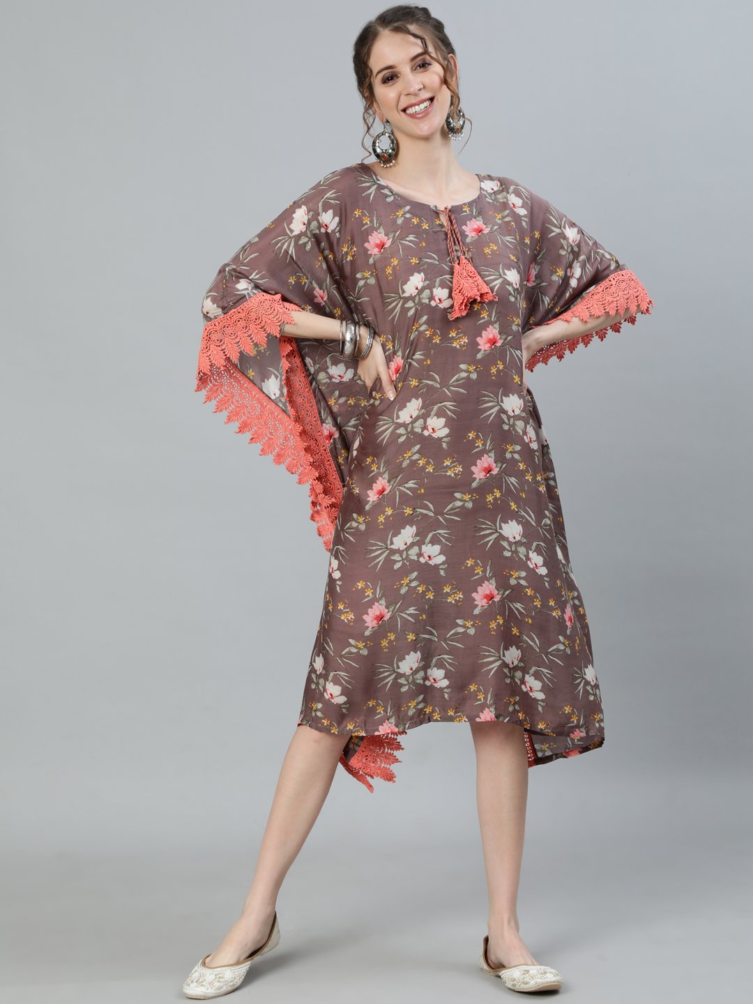 Ishin Women's Silk Brown Embellished Kaftan Dress