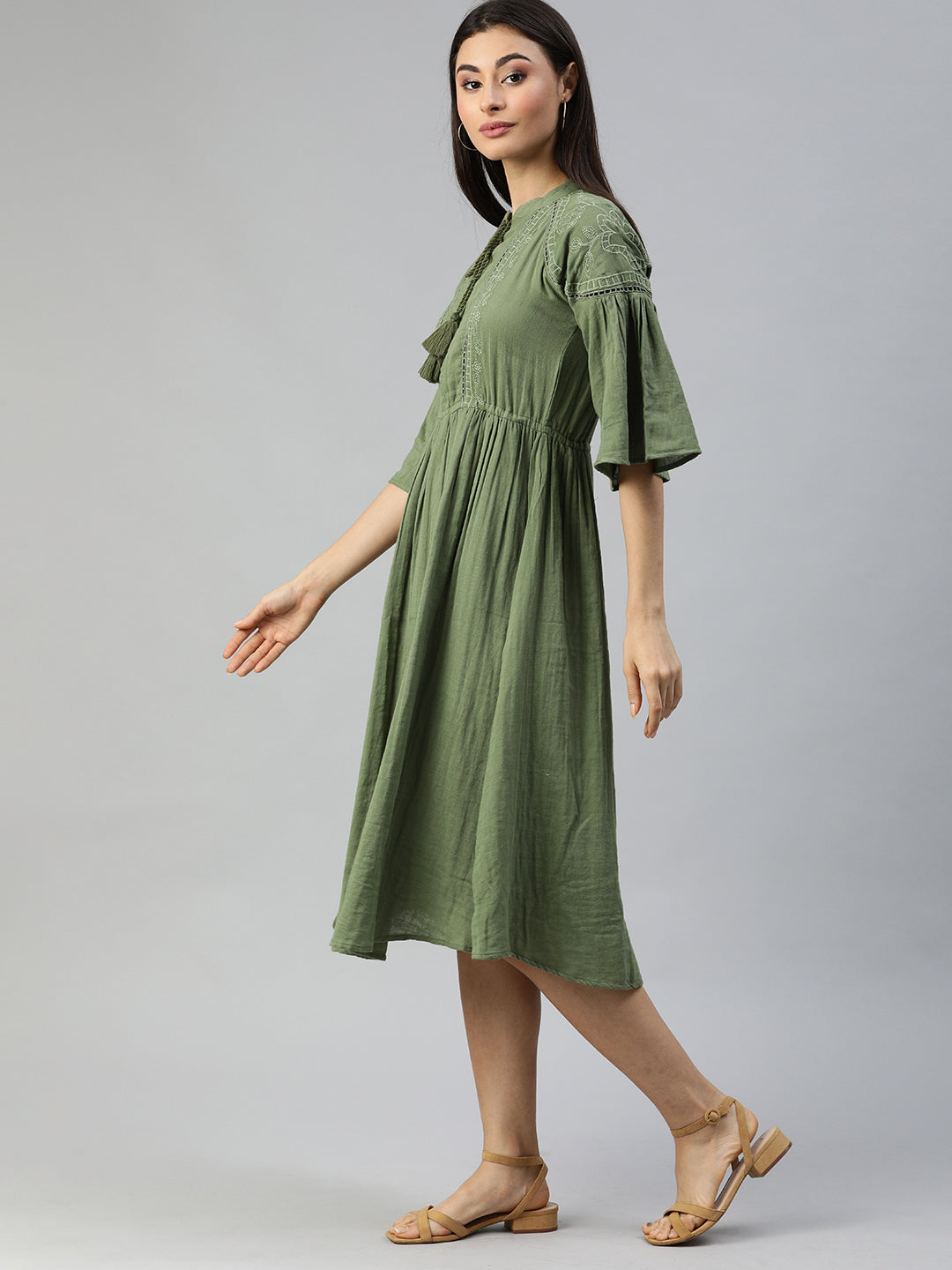 Ishin Women's Olive Green Cotton Embroidered A-Line Dress